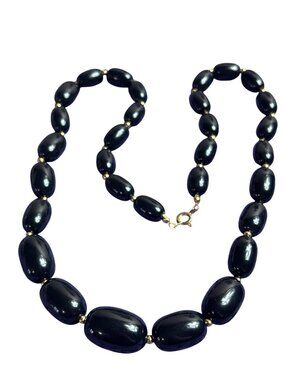 Vtg Black Plastic Oval Beaded Graduated Necklace Goldtone Spacer Beads 22 inches